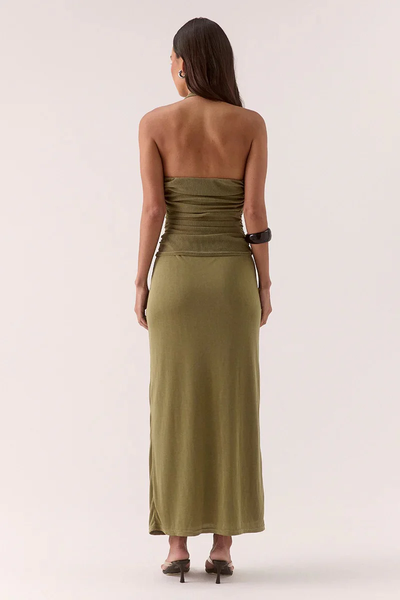 Zeya Soft Khaki Sparkle Mesh Halter Maxi Dress - Image 4